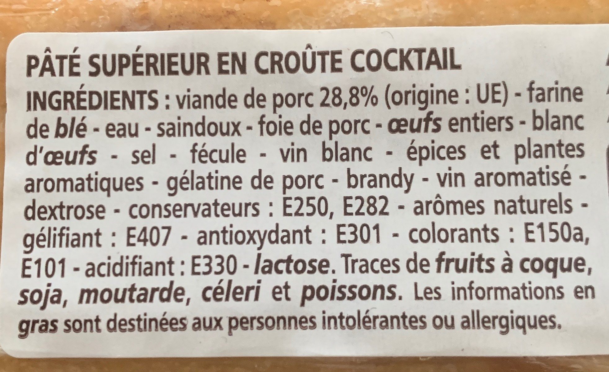 Pâté supérieur en croûte cocktail - Ingredientes - fr