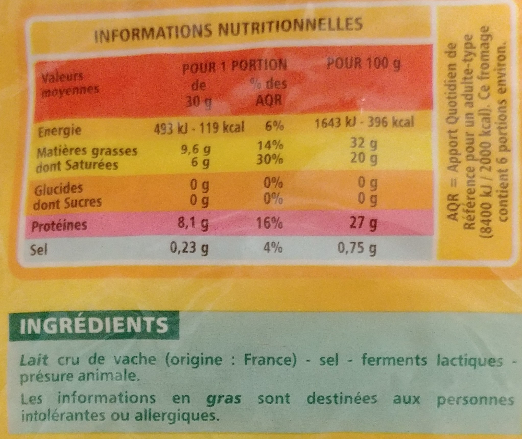 Emmental Français EstCentral - Tableau nutritionnel