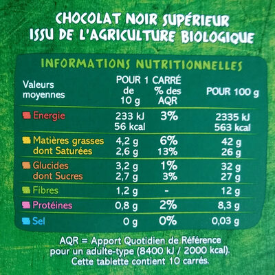 Chocolat noir bio 74% dégustation - Información nutricional - fr