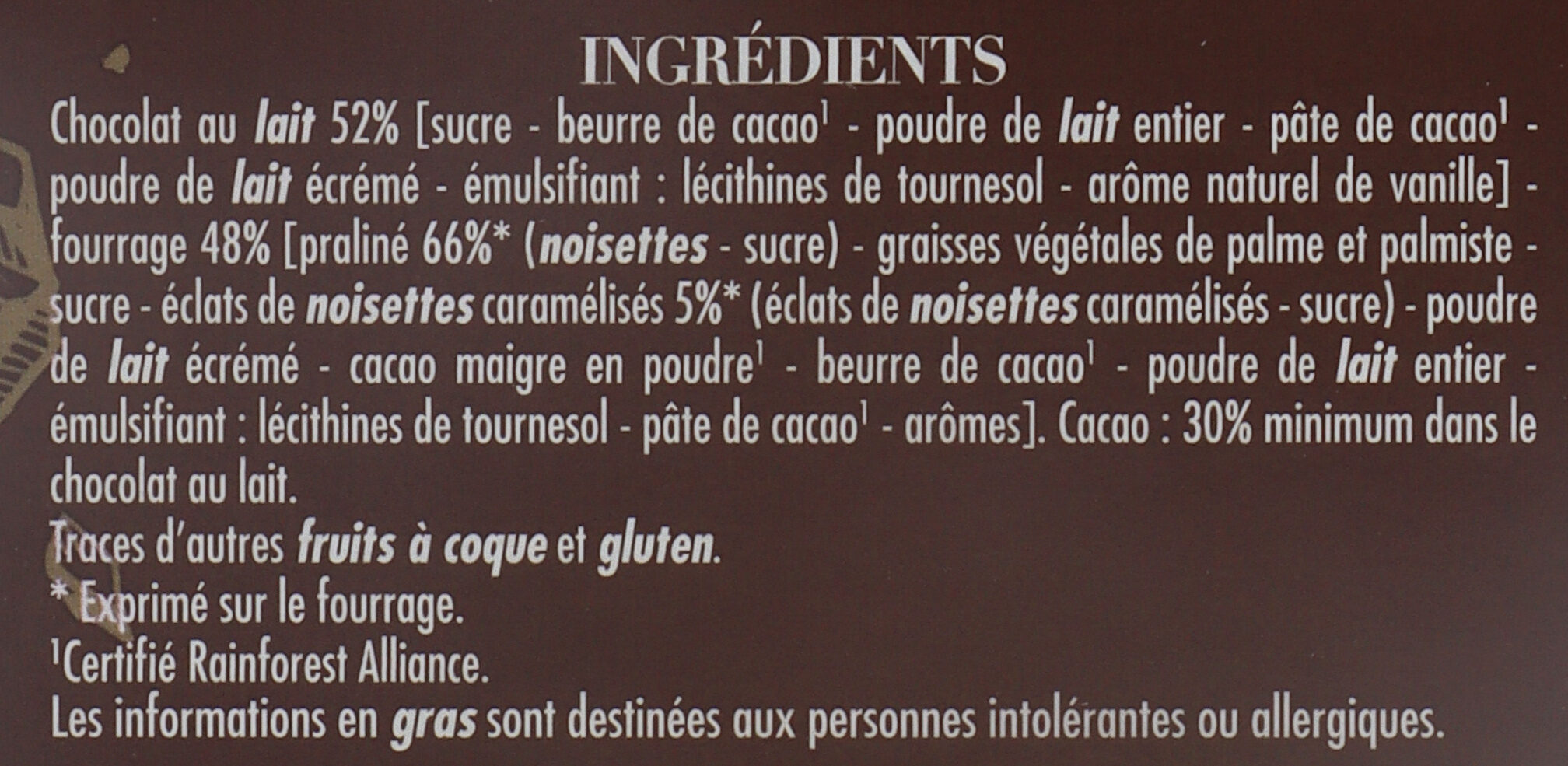 Chocolat supérieur Lait praliné Nougatine - Ingredientes - fr