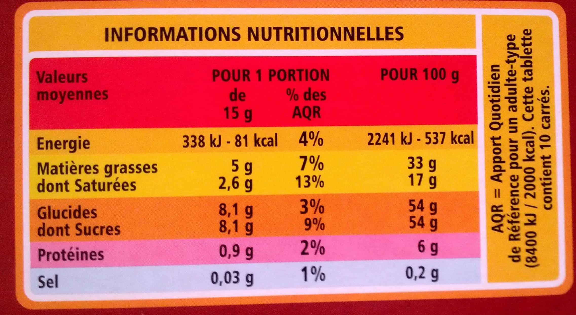 Chocolat supérieur Lait praliné Nougatine - Información nutricional - fr