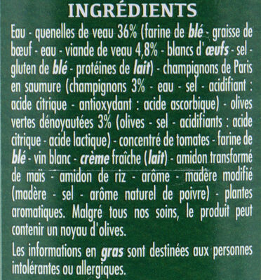 Quenelles de veau sauce financière - Ingredients - fr