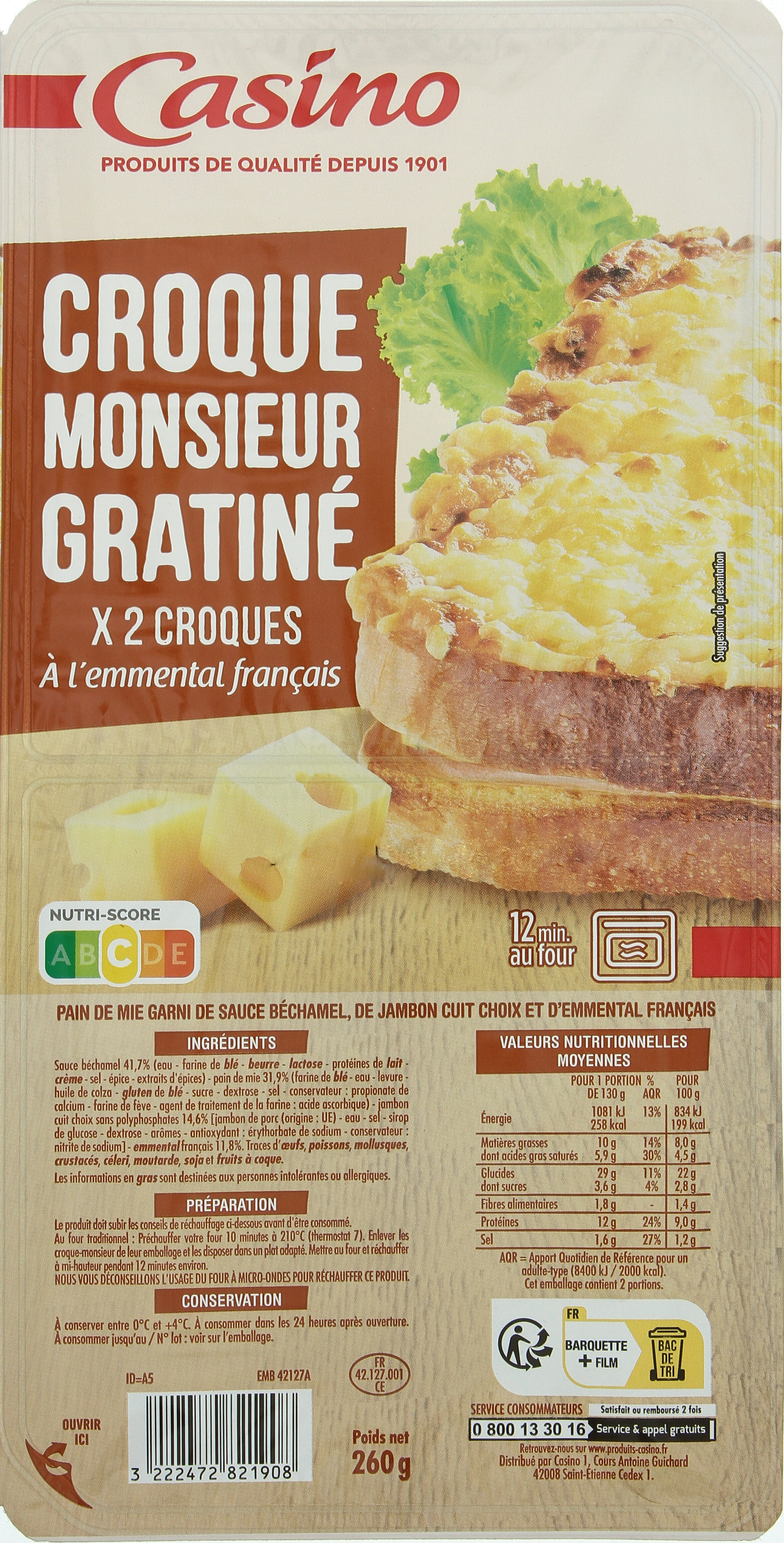 CROQUE MONSIEUR GRATINÉ X2 CROQUES À l'emmental français - Produit
