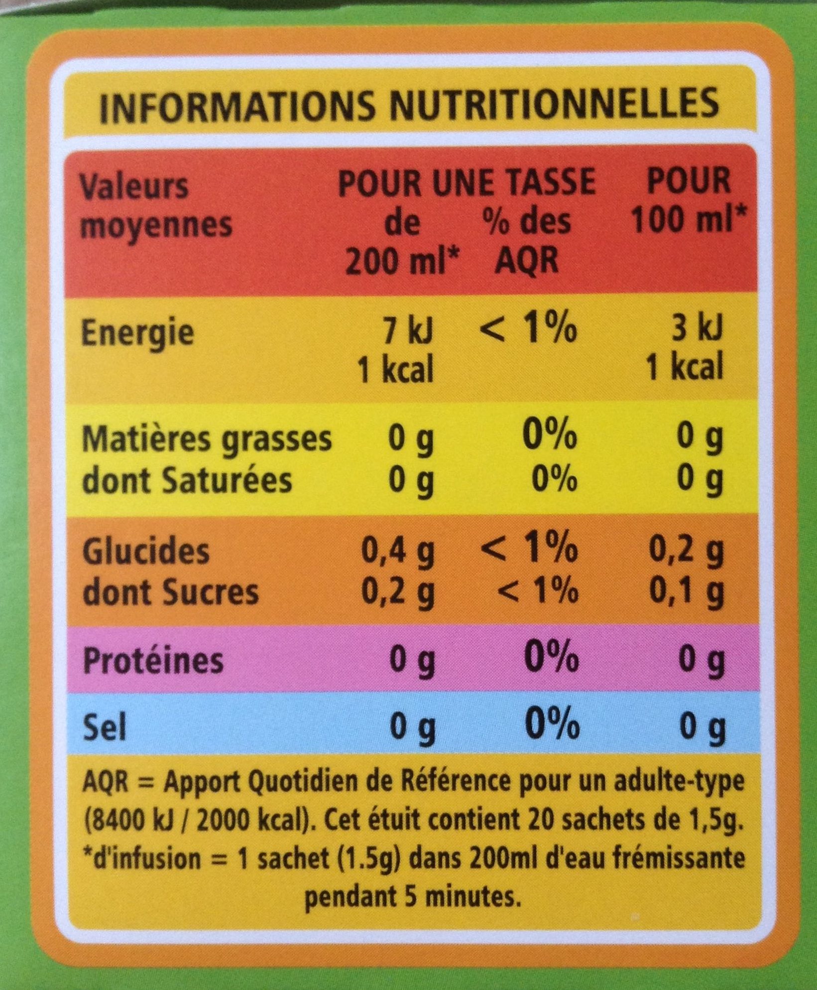Infusion Nuit Paisible 20 sachets fraîcheur - Tableau nutritionnel