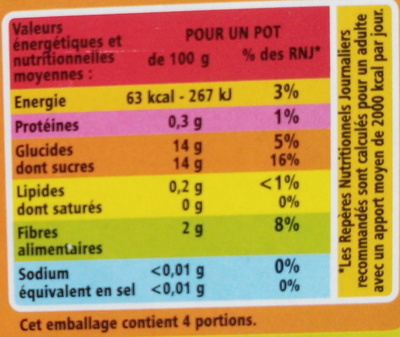 Compote allégée Pommes Poires 30% de sucres en moins - Tableau nutritionnel
