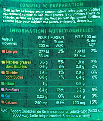 Boisson au soja calcium BIO - Nutrition facts - fr