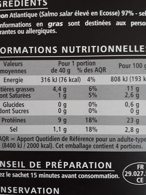 Saumon Atlantique fumé élevé en Ecosse - Nutrition facts - fr