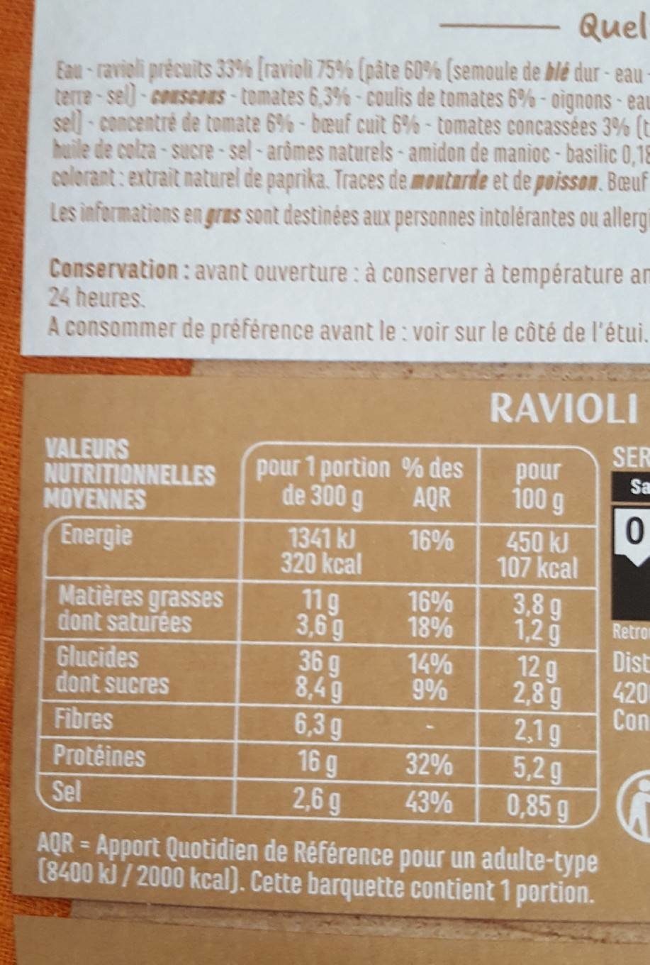 Ravioli bolognaise CASINO - Información nutricional - fr