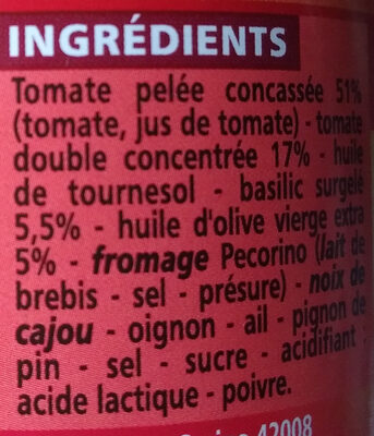Sauce tomate basilic - Ingredients