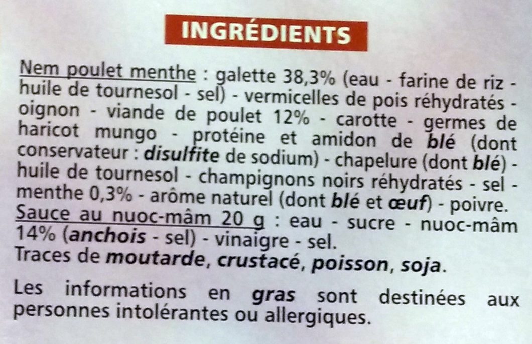 4 NEMS POULET sauce NuocMâm - Ingredients - fr
