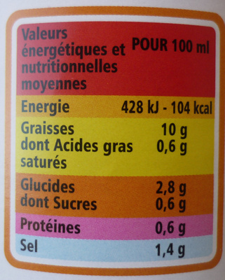 Sauce salade + allégée 10% de mat.gr - Tableau nutritionnel
