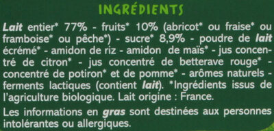 Yaourt aux fruits Abricot, Fraise, Framboise, Pêche BIO - المكونات - fr