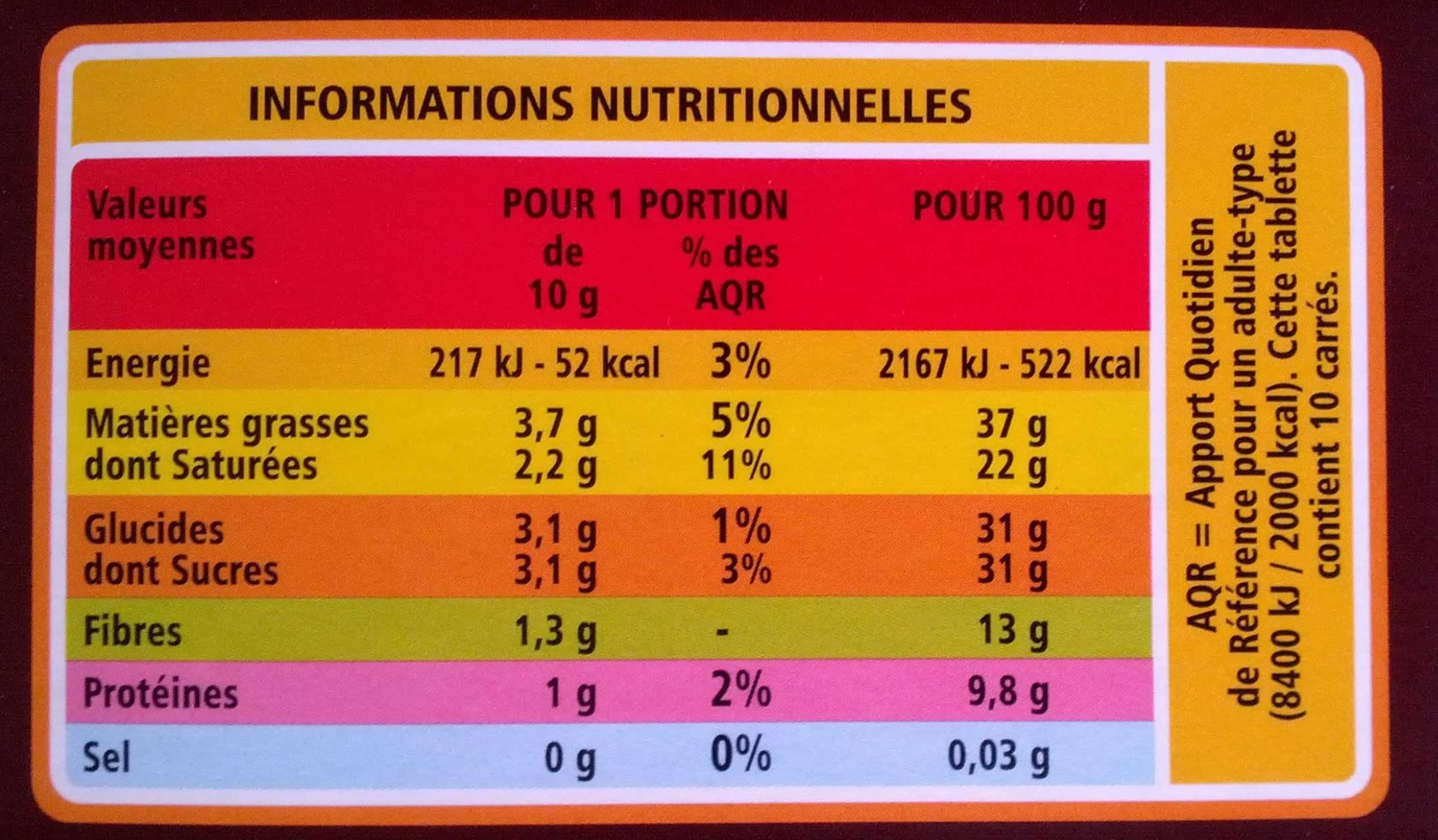 Chocolat Noir Dégustation 70% Cacao intense - Voedingswaarden - fr