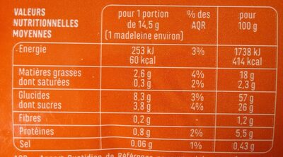 Madeleines coquilles aux oeufs frais - Nutrition facts - fr