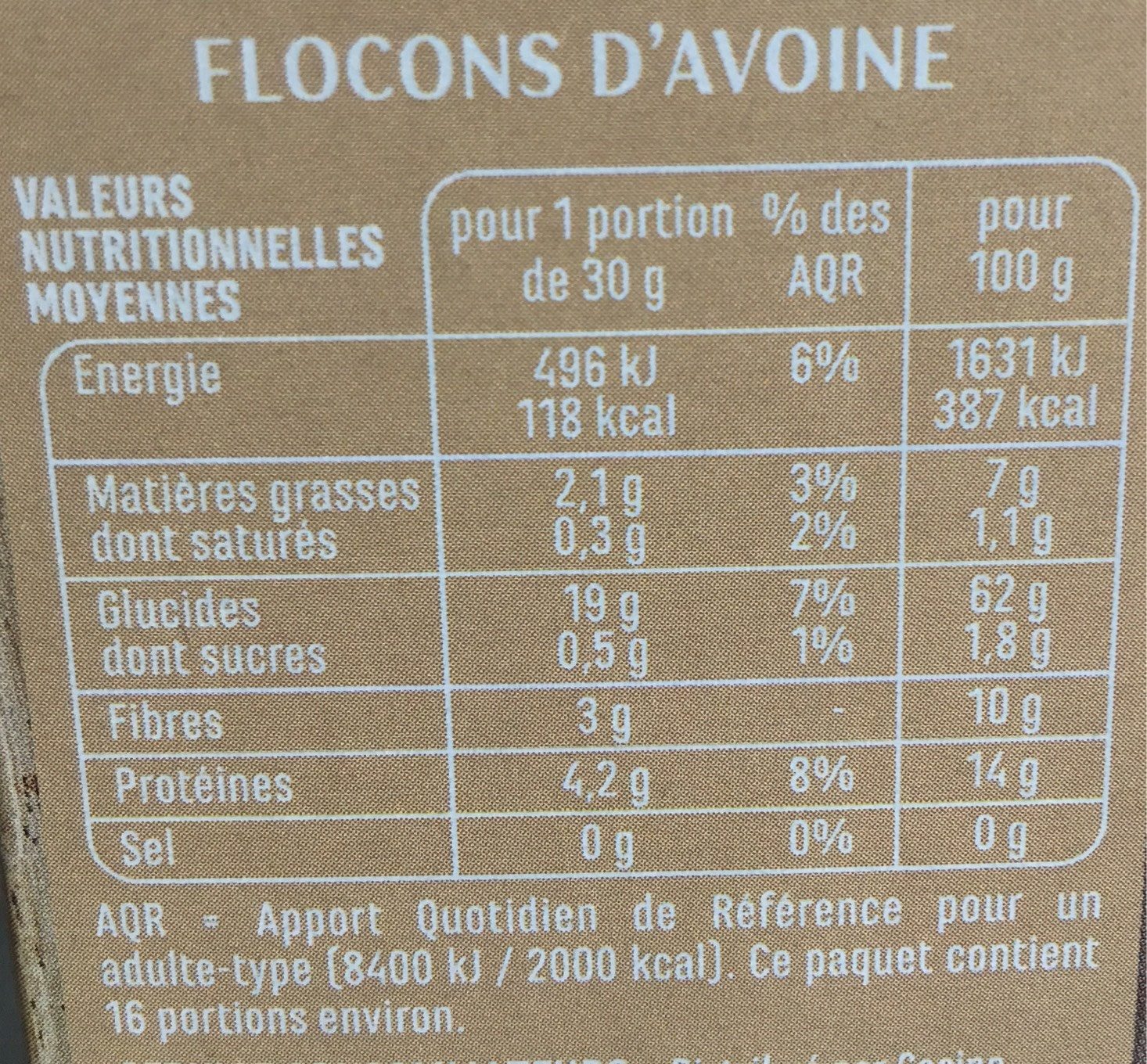 Flocons d'avoine - Tableau nutritionnel