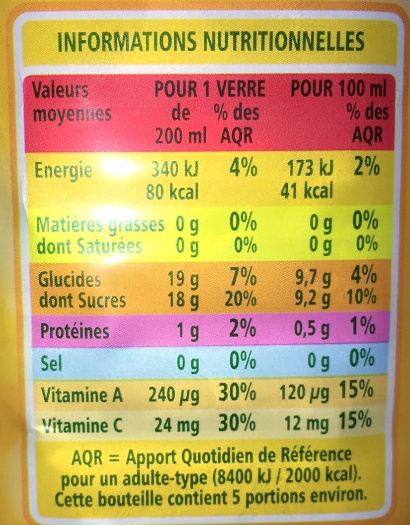 100% Pur jus Source de vitamines A & C - Información nutricional - fr