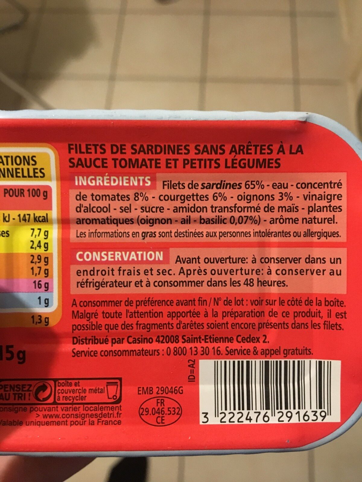Filets de sardines à la sauce tomate et aux petits légumes - Ingrédients