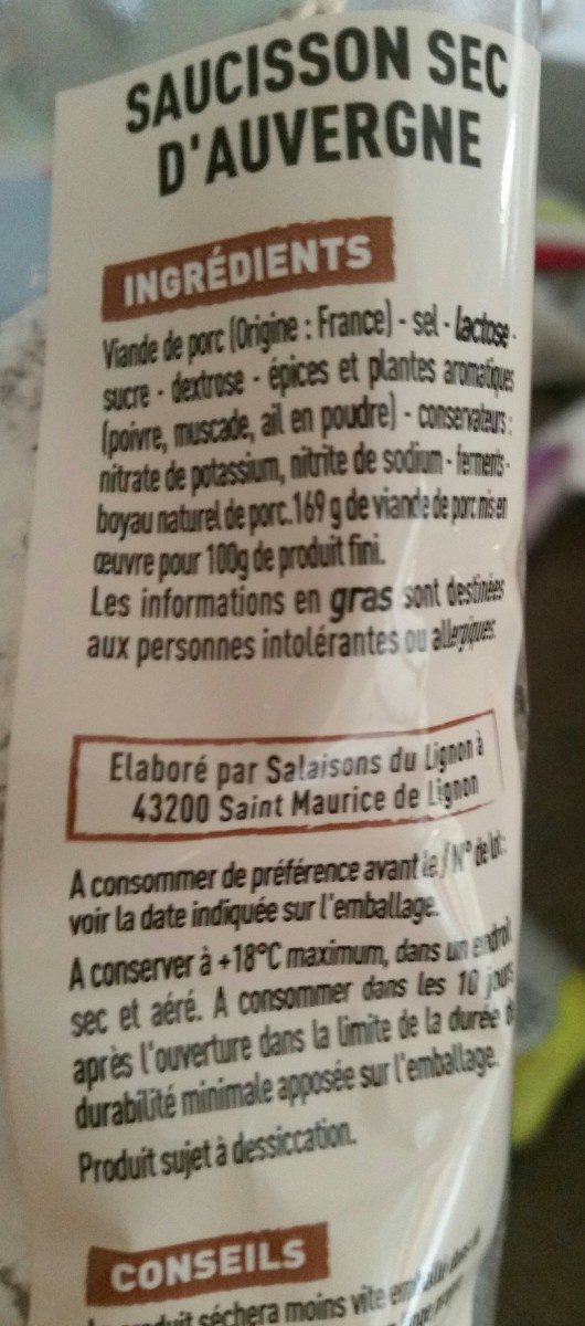 Saucisson sec d'Auvergne - Ingredients - fr