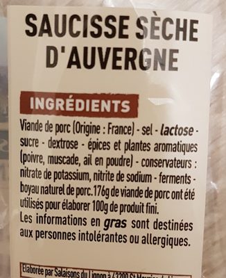 Saucisse sèche d'Auvergne - Ingrédients