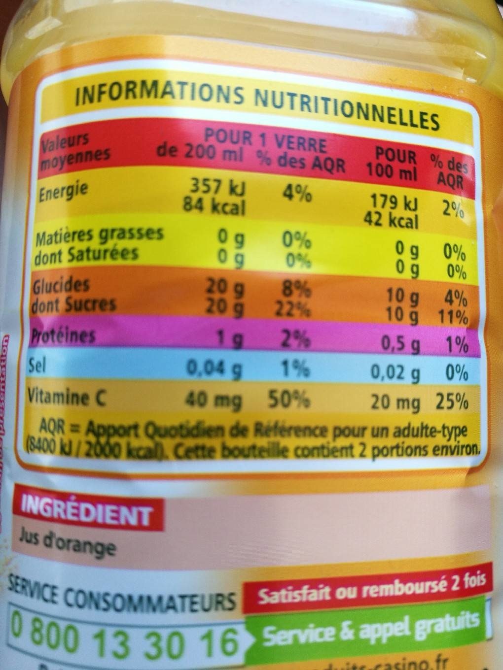 100% Pur Jus Orange - Nutrition facts - fr