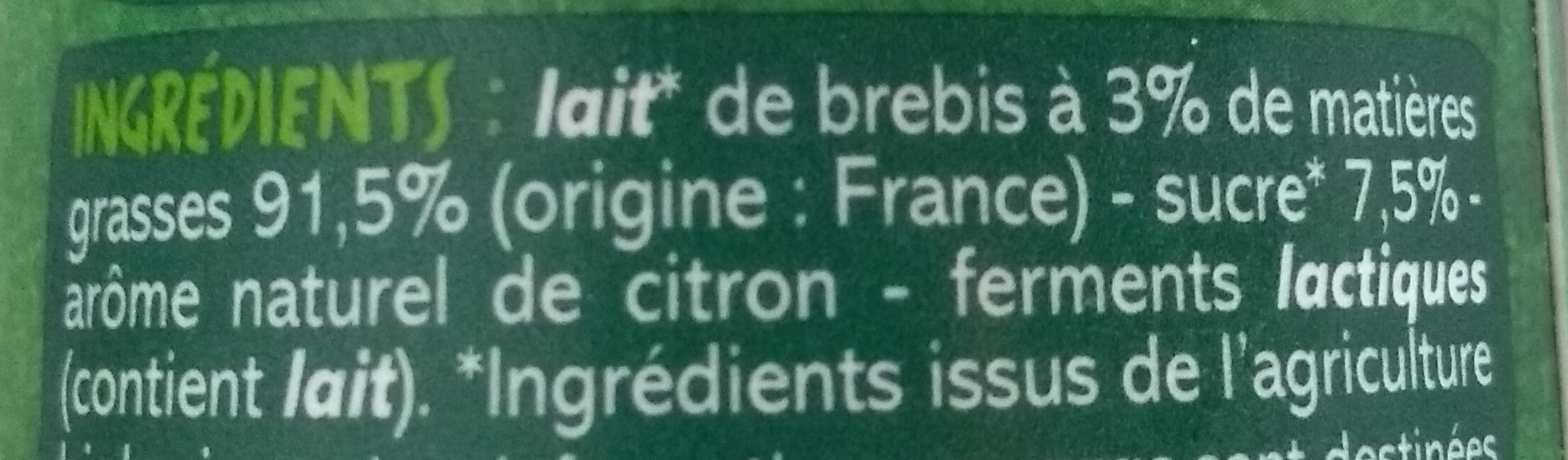 Yaourt de brebis à l'arôme naturel de citron - Ingrediënten - fr
