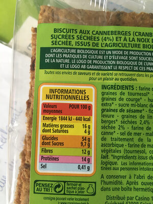 Crackers cranberry et coco - Informació nutricional - fr