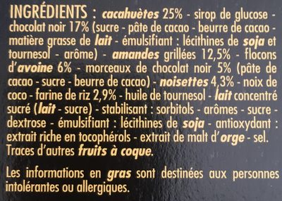 Barres ultra gourmandes Chocolat Noir, cacahuètes, amandes grillées, noisettes Casino - Ingredientes - fr