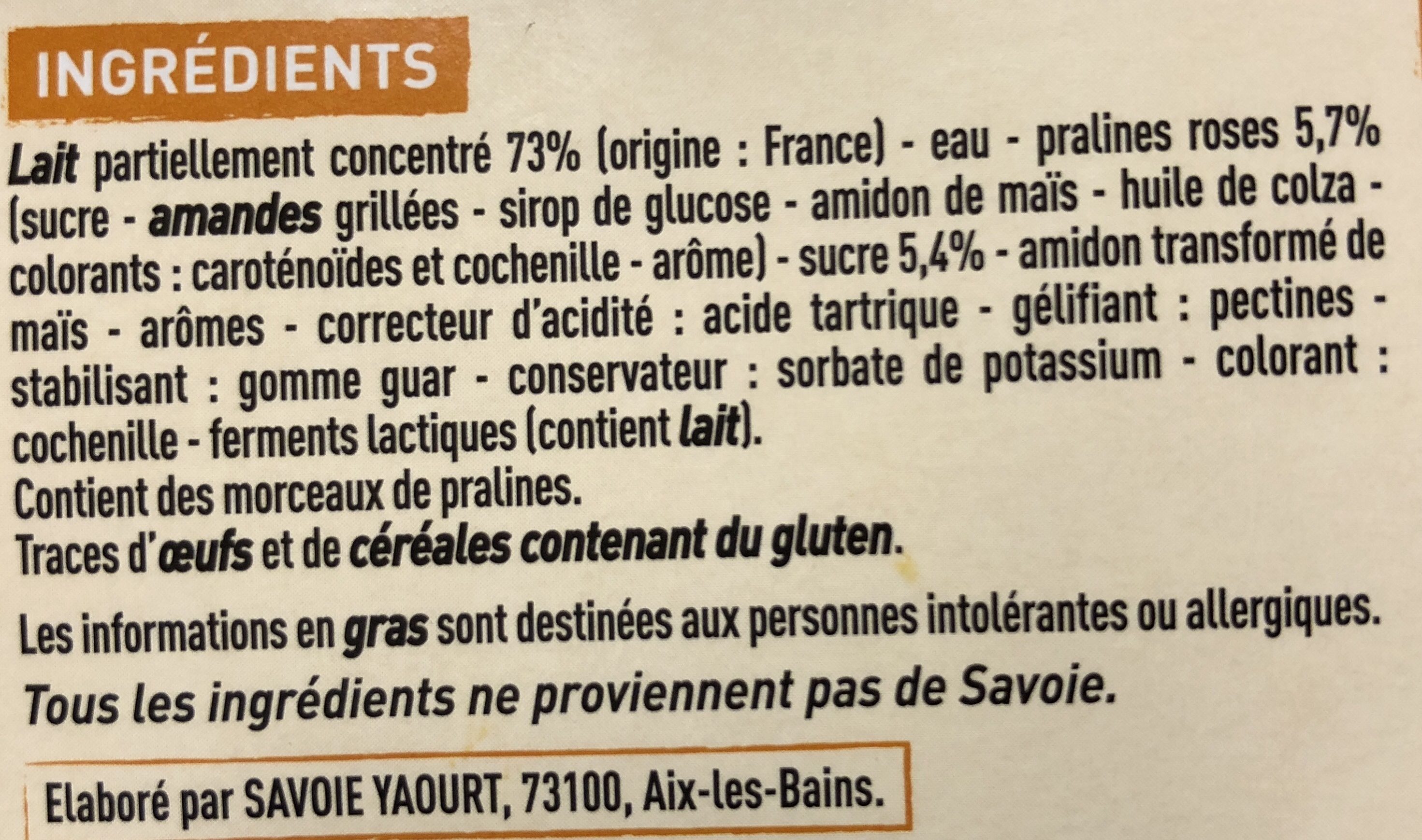 Yaourt au lait de Savoie et à la praline rose - Ingredients - fr