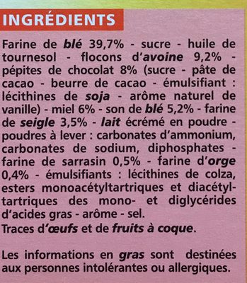 Biscuits matin miel pépites choco de chocolat - Ingredients - fr