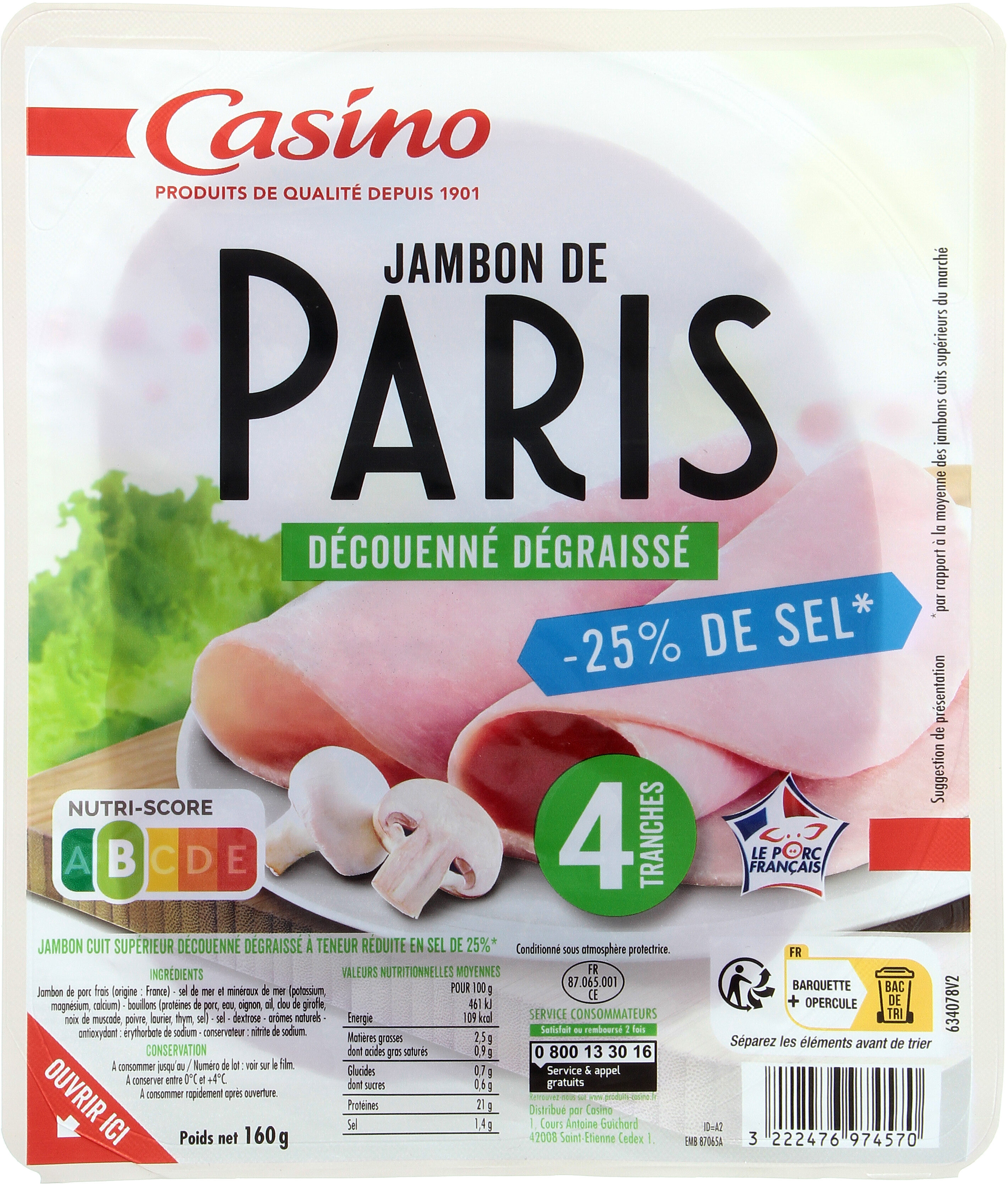 Jambon de Paris Découenné Dégraissé -25% de sel - 4 Tranches - Produit