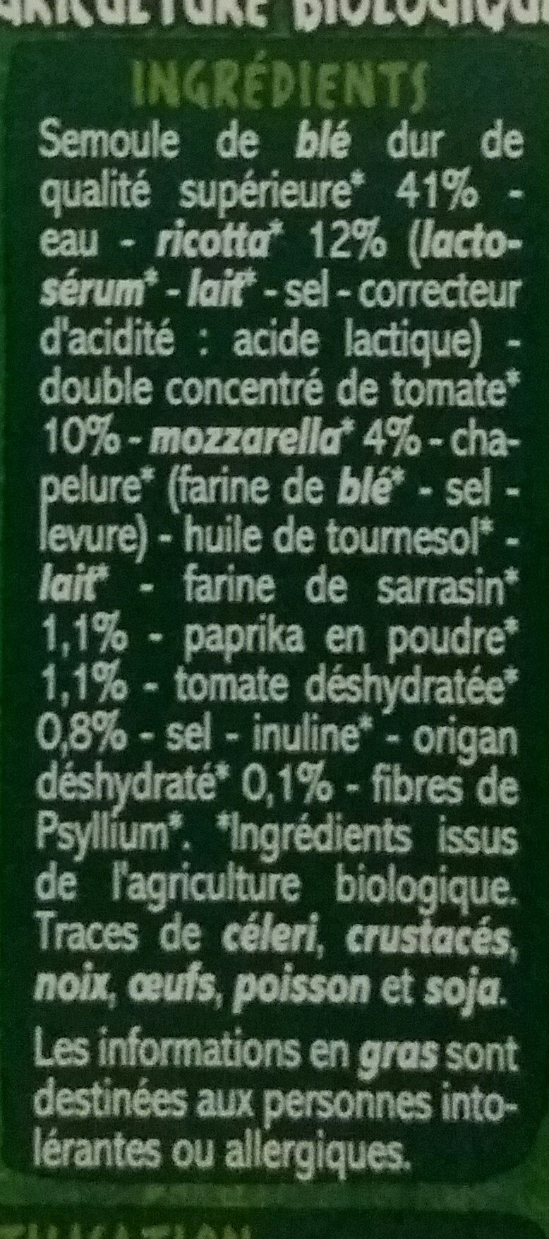Mini Girasoli farce à la ricotta, tomate et mozzarella BIO - Spécialités céréalières à base de semoule de blé dur, de sarrasin et de paprika avec farce à la ricotta, au double concentré de tomate et à la mozzarella - Ingrediënten - fr