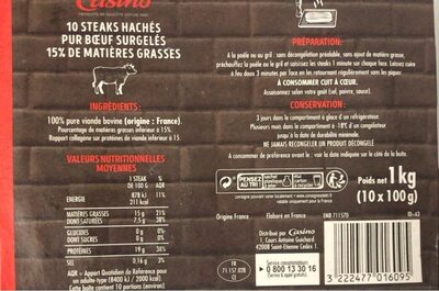 10 Steaks hachés pur boeuf surgelés  15% mat Gr - Voedingswaarden - fr