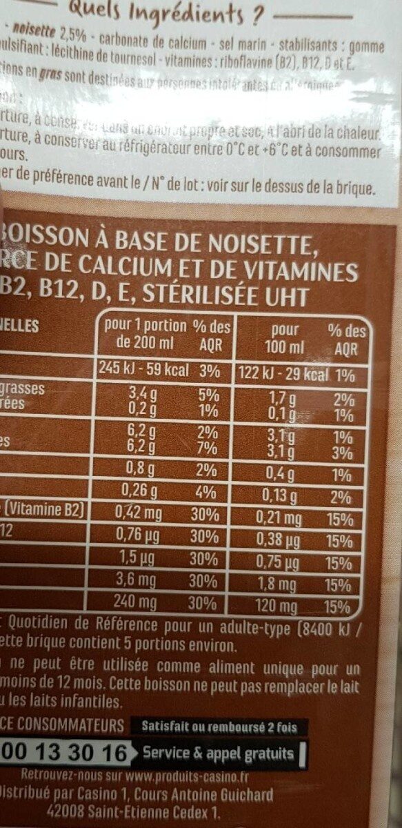 Boisson végétale noisette - Näringsfakta - fr