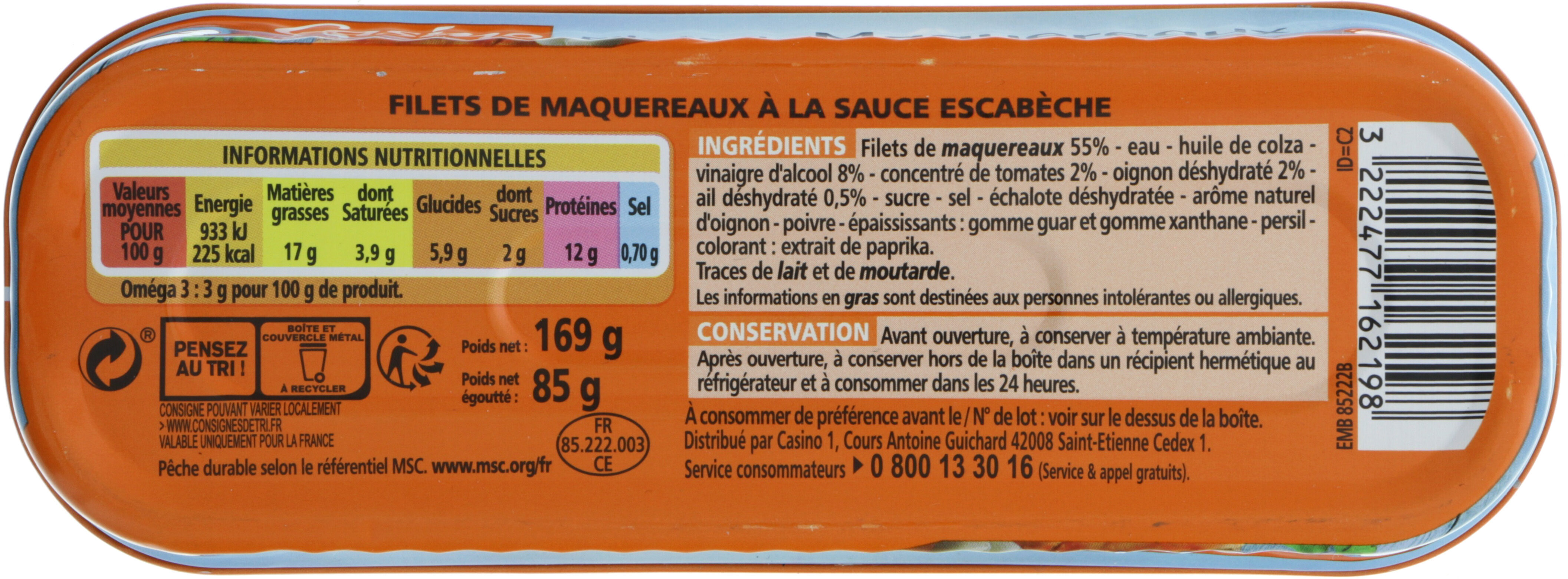 Filets de maquereaux sauce escabèche - Tableau nutritionnel