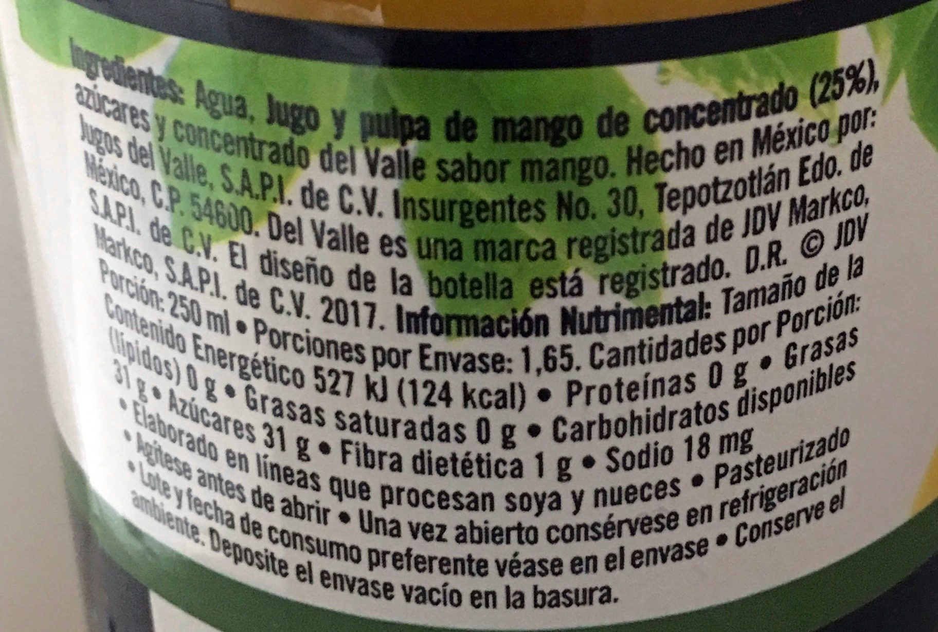 Del Valle Nectar de Mango - Zutaten - es