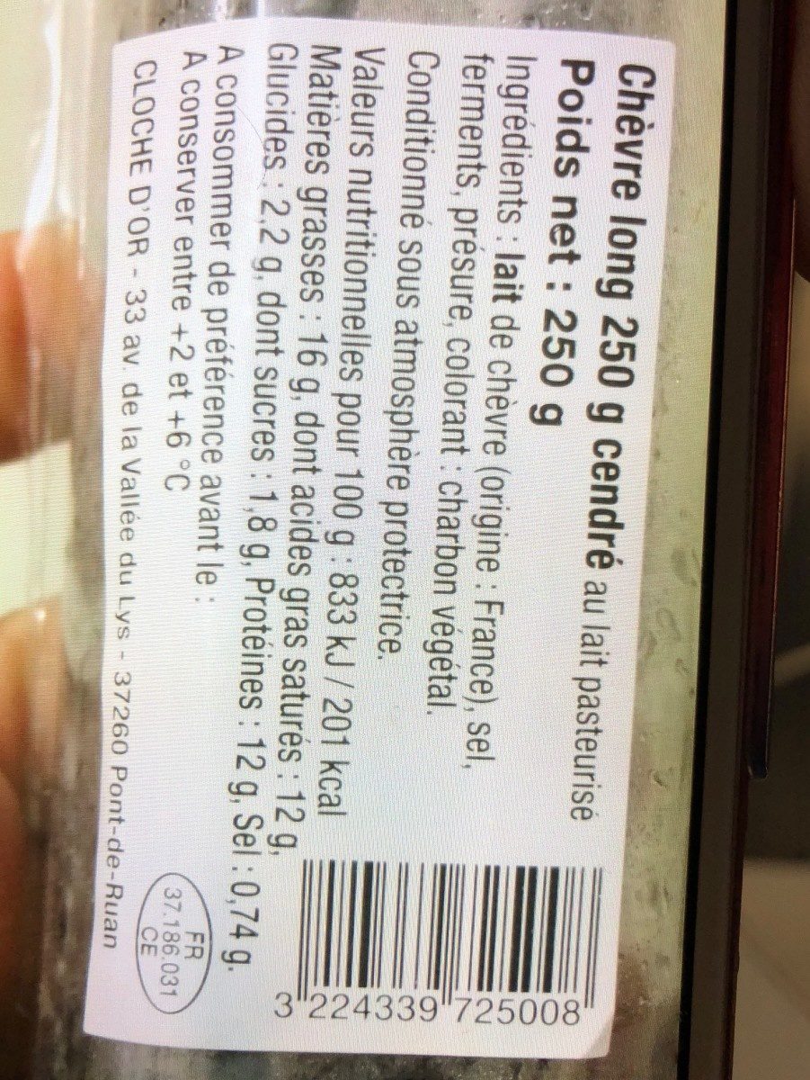 Chevre long cendré 250gr - Ingredients - fr