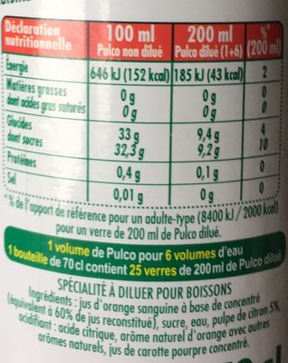 Pulco Orange Sanguine - Tableau nutritionnel