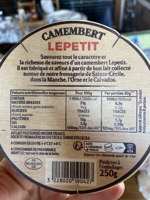 Camembert lepetit 250g 21% - Tableau nutritionnel