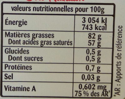 Beurre Doux (82% MG) Gastronomique - Tableau nutritionnel