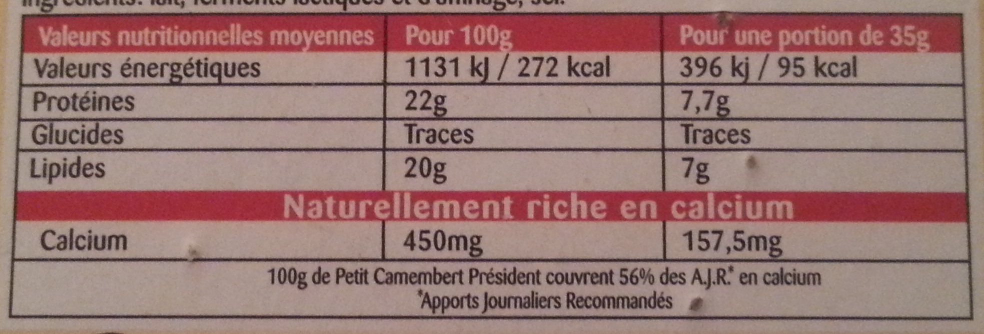 Petit camembert - Informació nutricional - fr