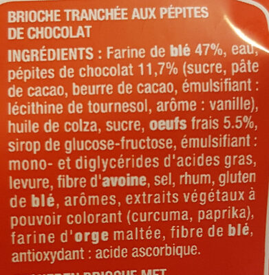 Brioche tranchée pépites chocolat - Ingredientes - fr