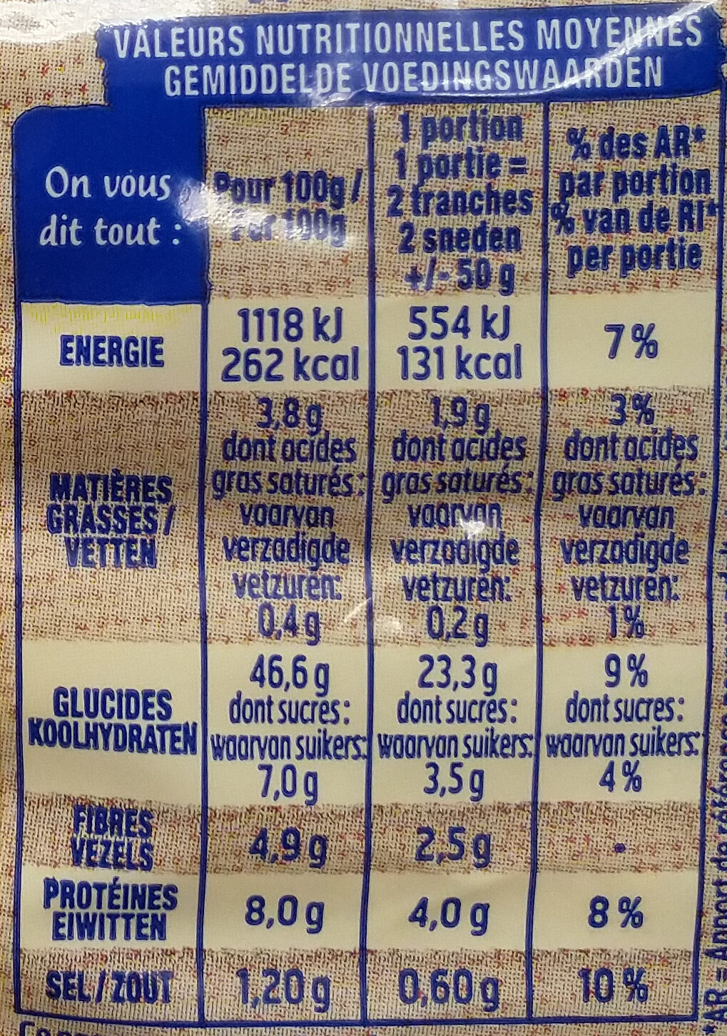 Harrys pain de mie 100% mie nature sans croute bio 325g - Valori nutrizionali - fr