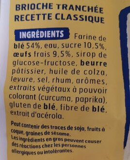 Harrys brioche tranchee recette classique nature sans additifs 485g - Ingredienser - fr