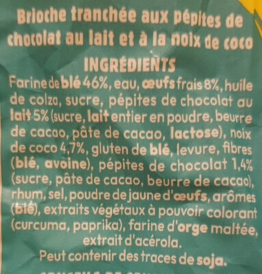 Brioche Tranchée Noix de Coco, Chocolat au Lait - Ingredients - fr