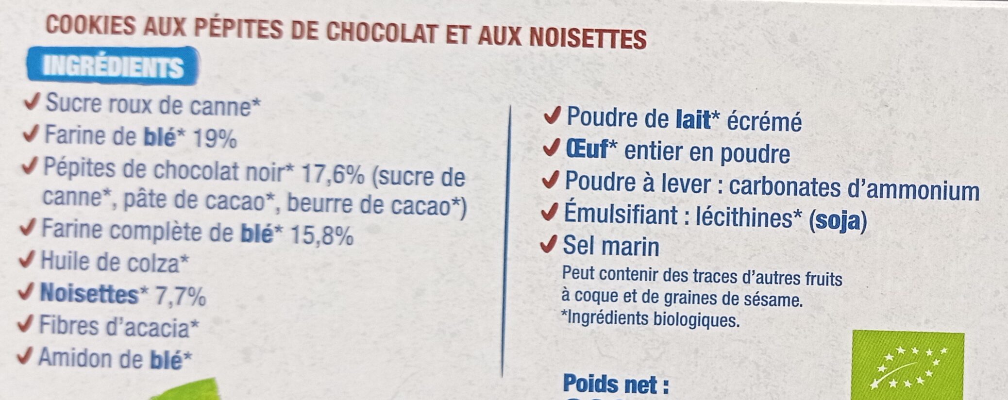 Le cookie Chocolat noisettes - Ingrédients