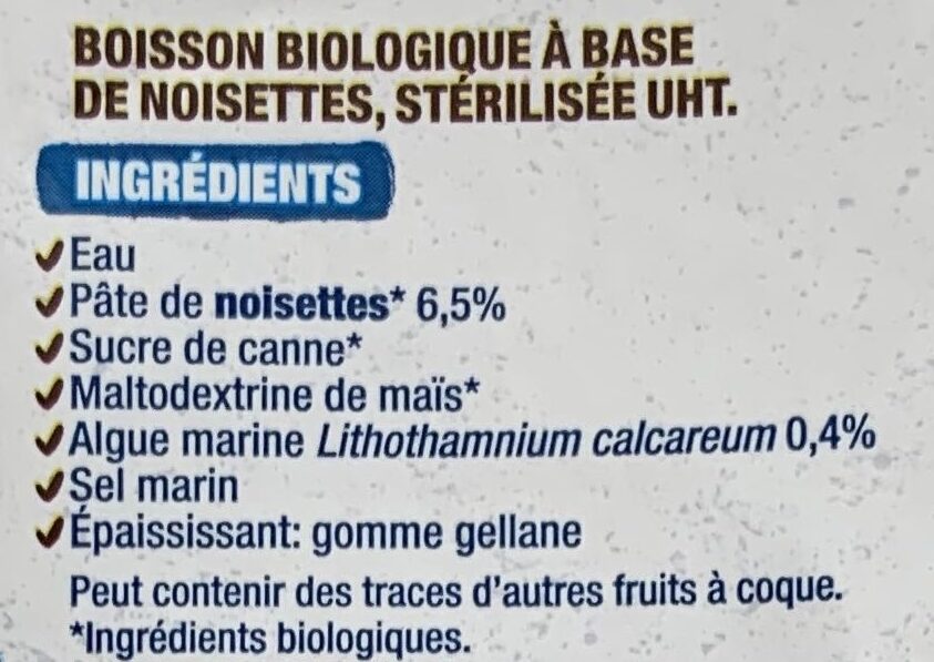 Boisson Noisette - Ingrédients