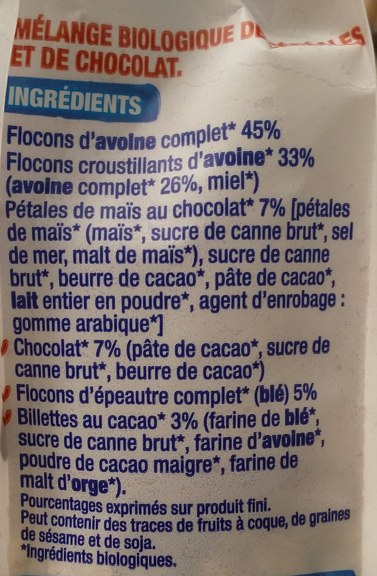 Muesli avoine chocolat bio - Ingredientes - fr