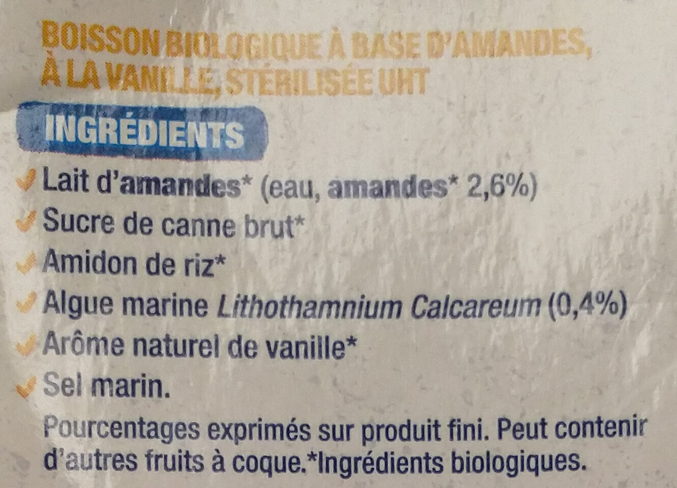 Lait d'amande vanille - Ingredients - fr