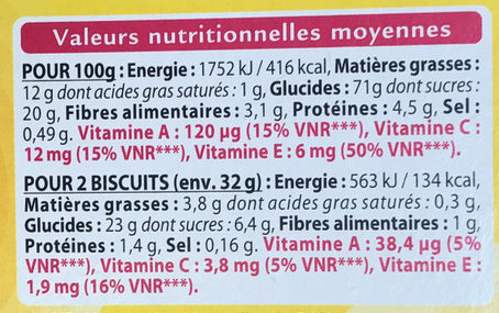 Tartelettes Framboise Myrtille Grenade - Tableau nutritionnel