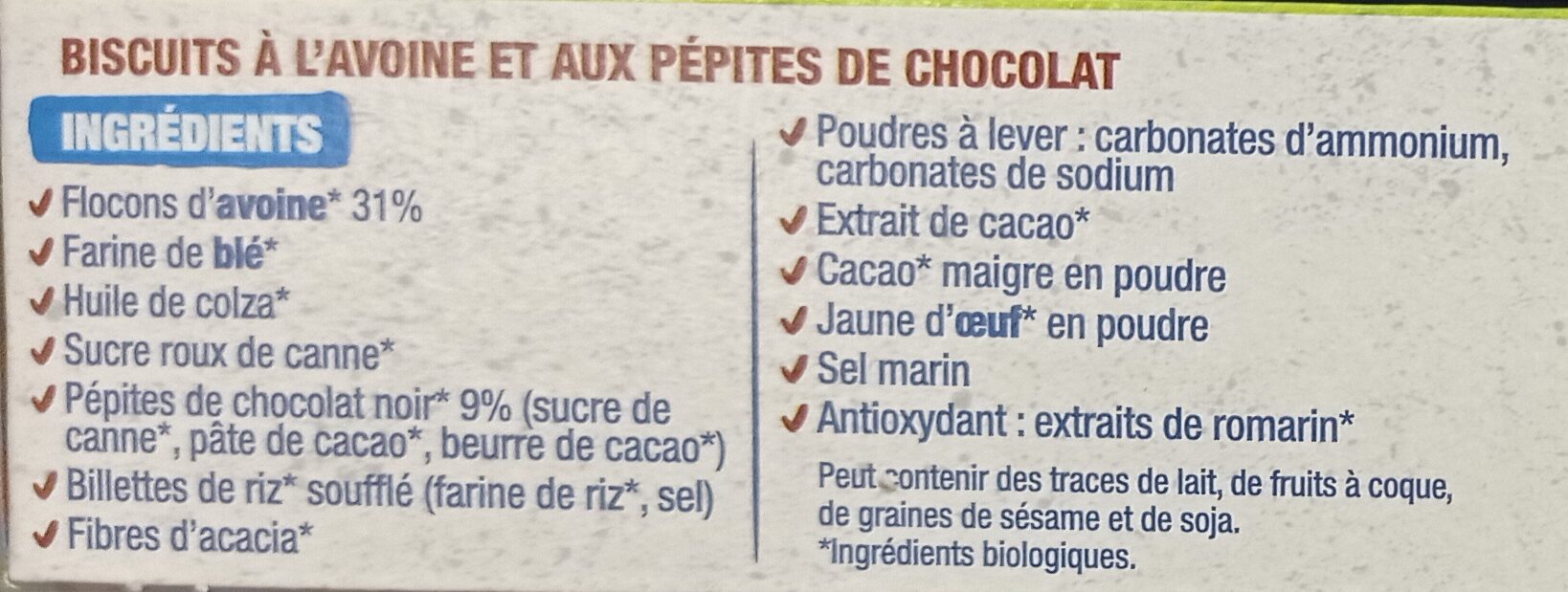 Nutri+ avoine chocolat - Ingredients - fr